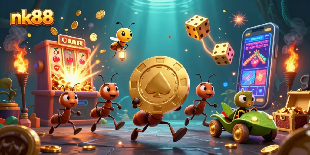 Engage with nk88 as ants stage a heist under golden light in an exciting casino scene.