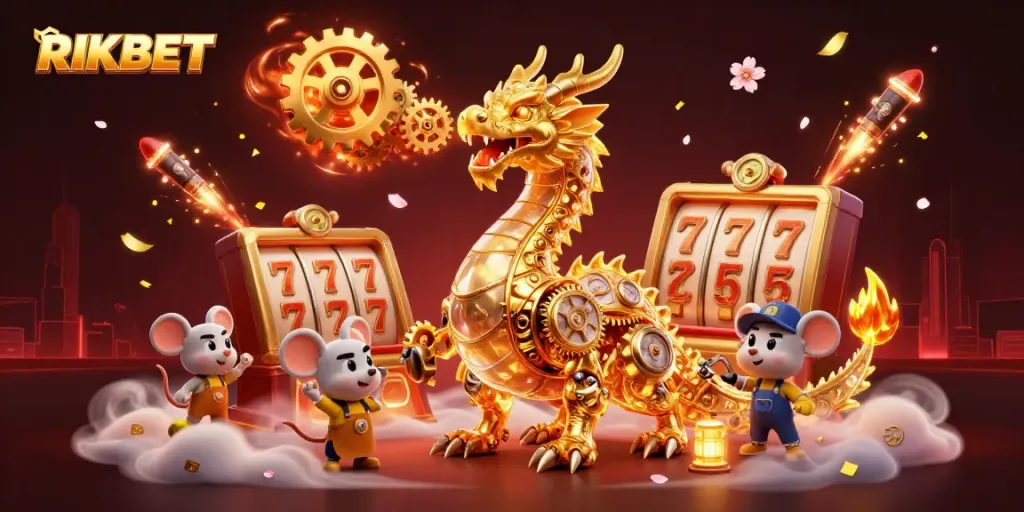 Engage in thrilling gameplay at RIKBET with a dynamic scene featuring a golden dragon and slot reels.