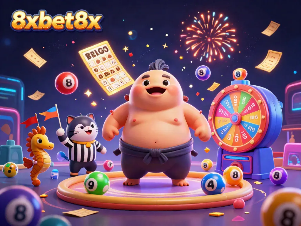 Engage in vibrant gameplay with 8xbet8x as the cartoon fugu sumo wrestler showcases thrilling winning opportunities.
