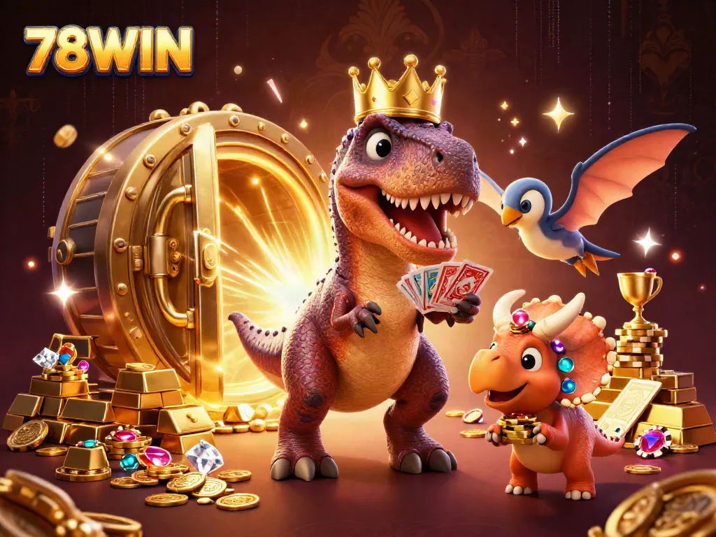 Experience excitement at 78WIN with a whimsical T-Rex and friends enjoying card games and gold.
