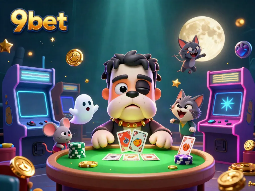 Experience thrilling gameplay with 9bet in this vibrant, cartoonish casino scene, showcasing dynamic characters and game elements.