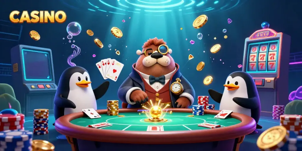 CASINO scene showcasing a jolly walrus at a poker table, surrounded by dynamic gaming elements.