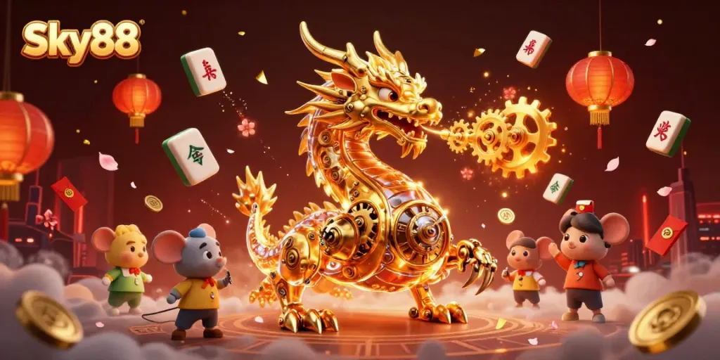 Sky88 features a golden dragon surrounded by dynamic casino elements, showcasing online gaming excitement.