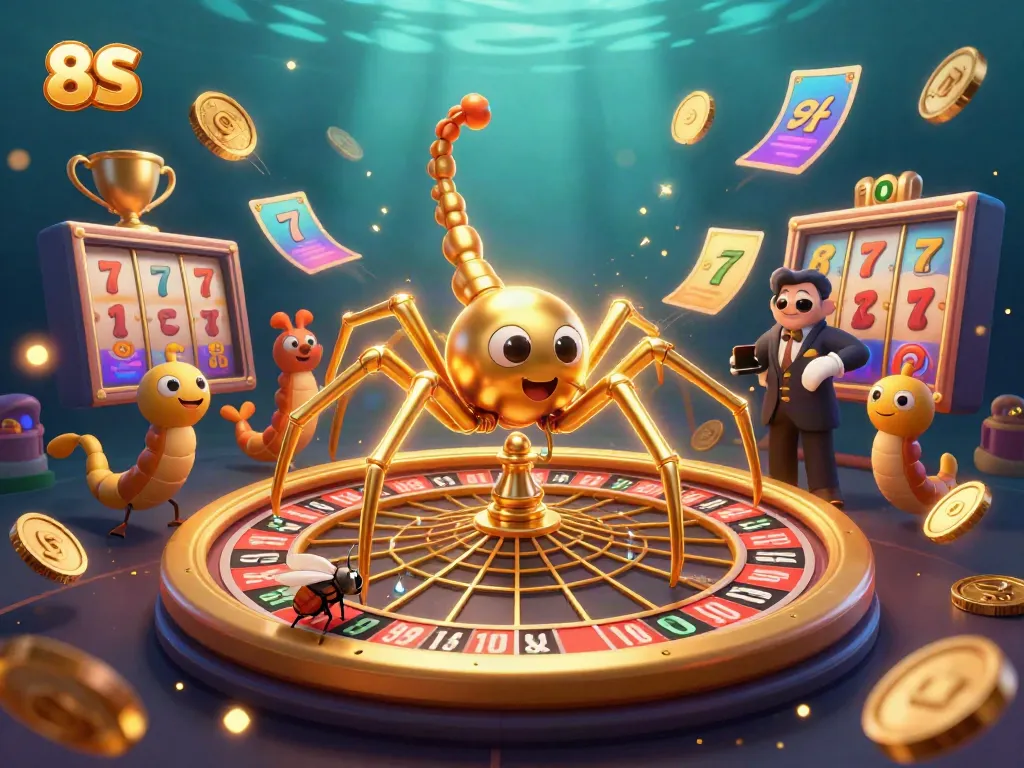 Engage in exciting slots action with 8S featuring a golden spider and roulette web.