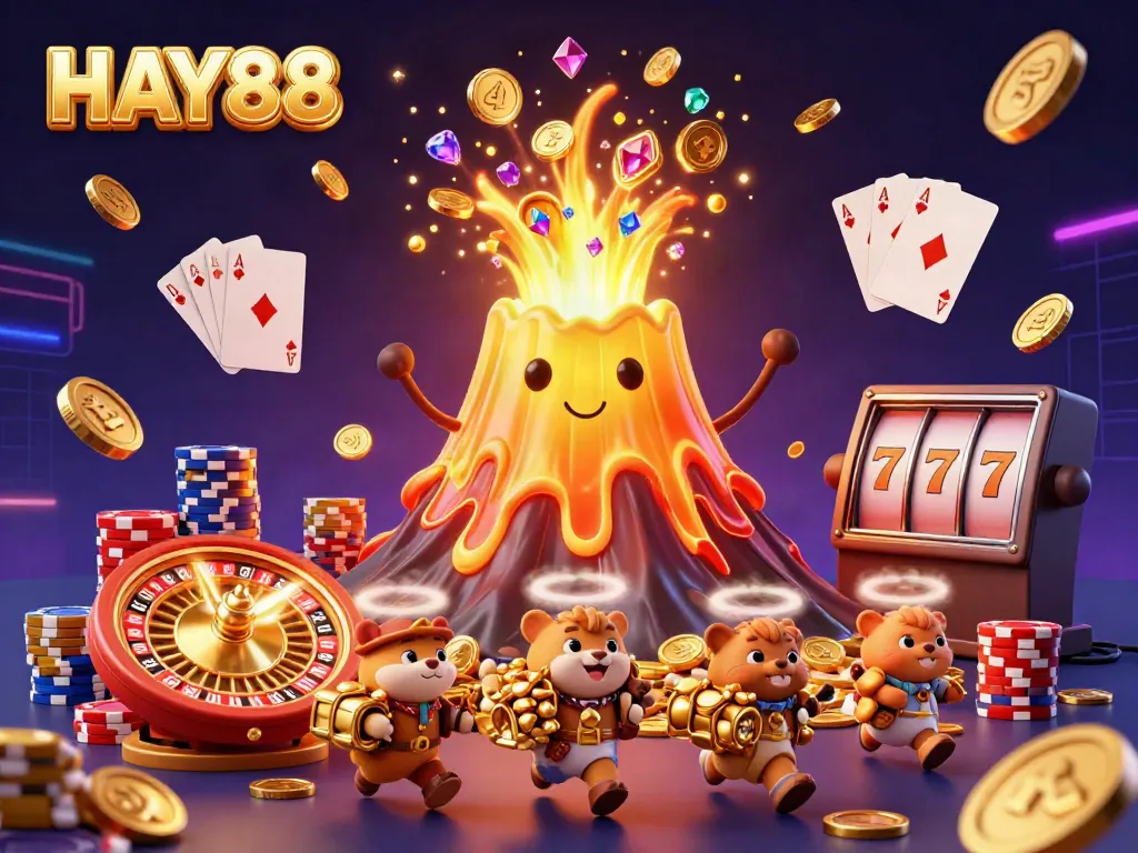 Experience the excitement of the HAY88 casino with a vibrant 3D scene bursting with treasures.