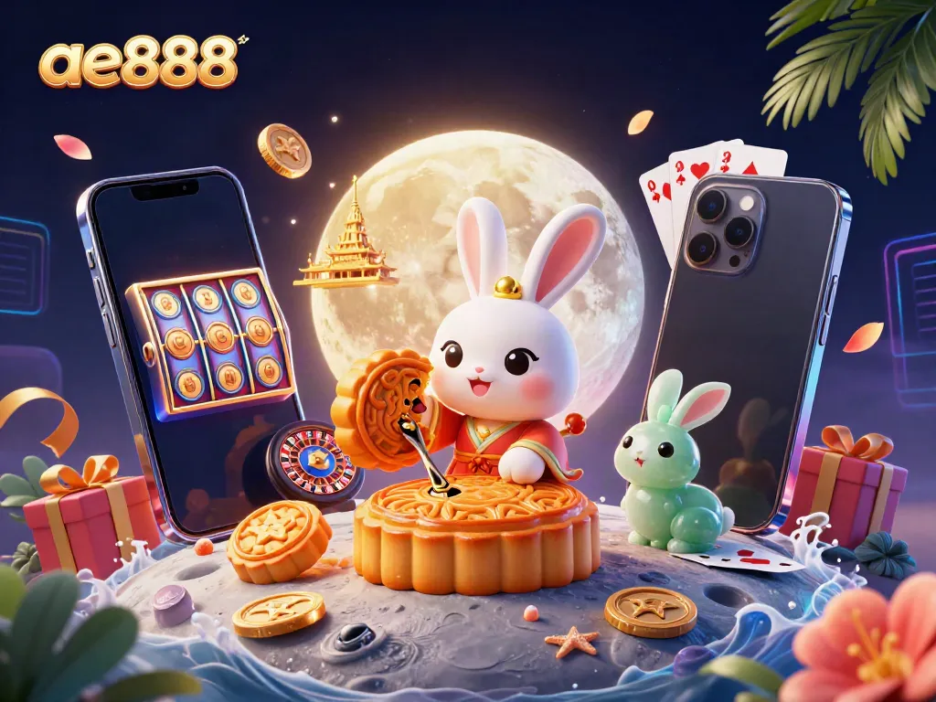 Join the fun with ae888's immersive casino illustration featuring dynamic games and festive characters.
