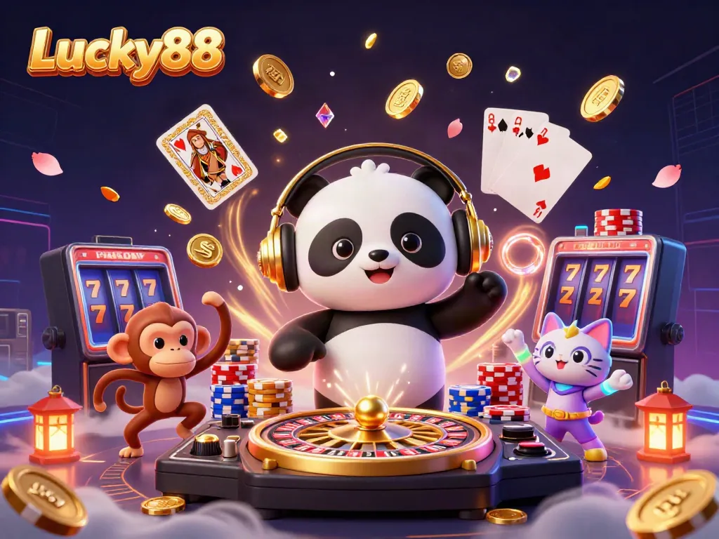 Enjoy the vibrant scene at Lucky88 featuring a DJ panda, dancing monkey, and rave kitten amidst casino elements.