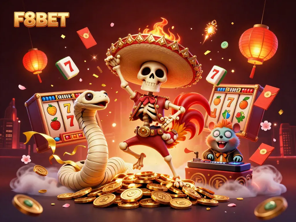 Experience thrilling gameplay at F8BET with vibrant characters celebrating wins amidst colorful casino symbols.