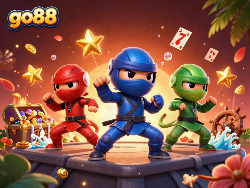 Experience thrilling slots and casino action with go88's dynamic ninja chameleon scene filled with treasures.