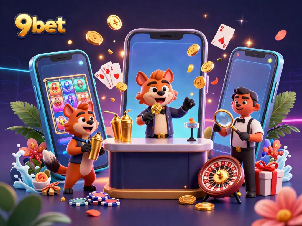 Experience the vibrant 9bet casino with lively hyena characters at a comedy club, surrounded by colorful gaming elements.