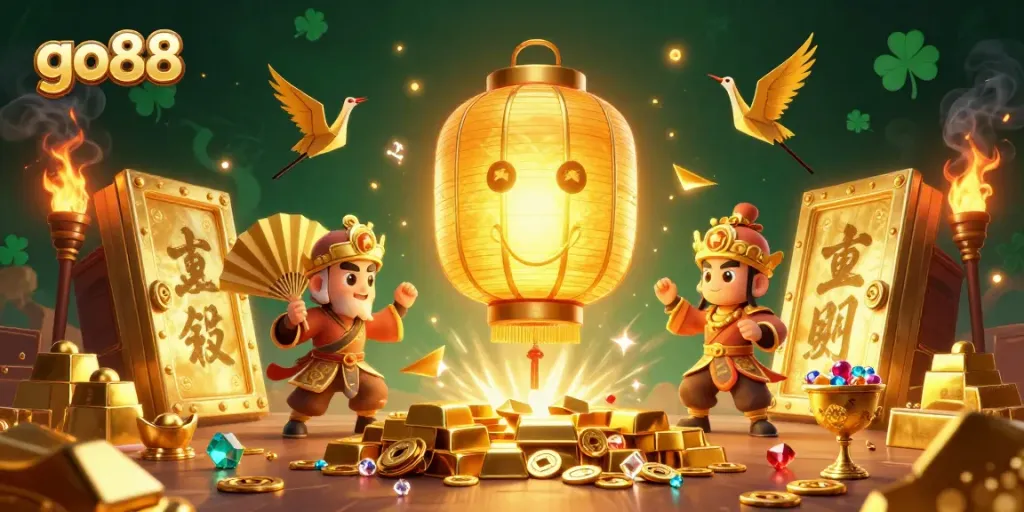 Khám phá go88 với ánh sáng từ chiếc đèn lồng vàng giữa một casino sôi động.