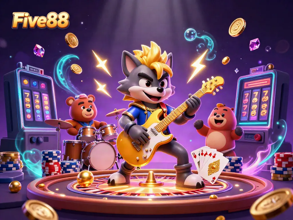 Experience the thrill of gambling with Five88, featuring a rock star wolf and a drummer bear on a lively casino stage.