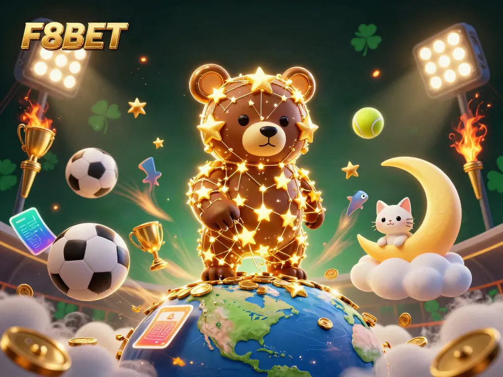 Engage in thrilling gaming experiences with F8BET, featuring a vibrant casino atmosphere and golden tokens.