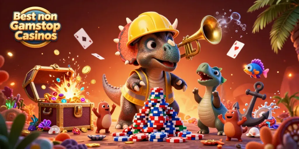 Cheerful scene with the Best non Gamstop Casinos characters celebrating over poker chips, vibrant and dynamic.