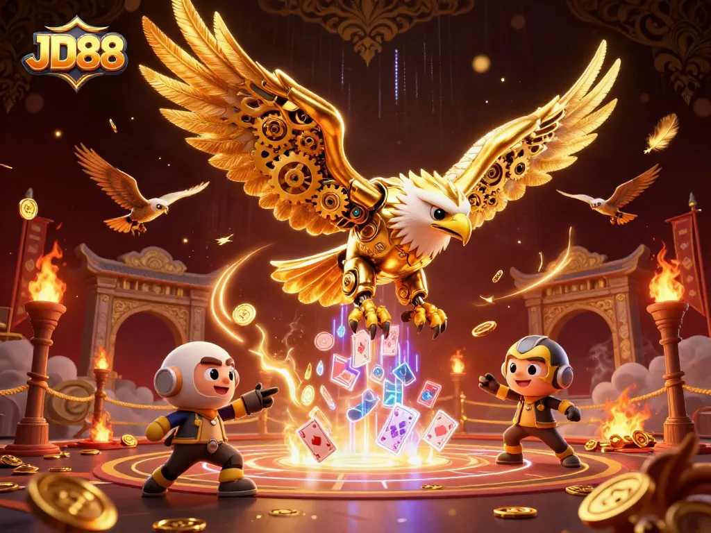 Experience JD88's thrilling gaming with an electrifying 3D eagle in a casino-themed illustration.