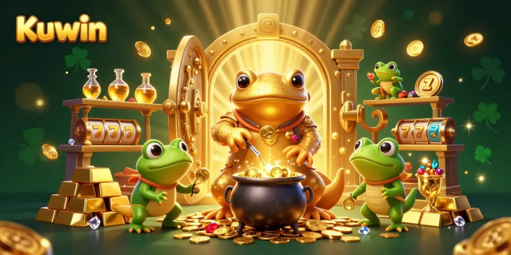 Kuwin casino illustration depicting a golden salamander alchemist and frog apprentice creating wealth in a magical setting.