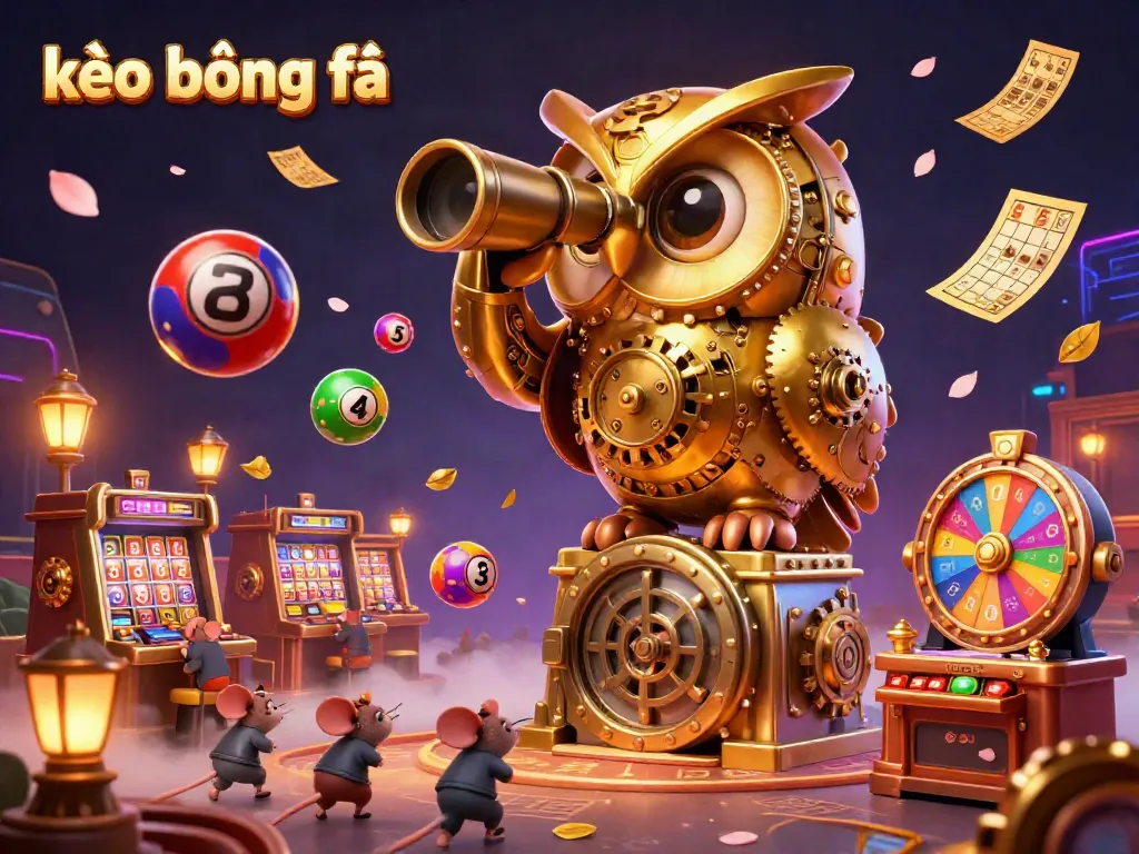 Experience the thrill of kèo bóng đá with a dynamic casino scene featuring a golden owl and colorful elements.