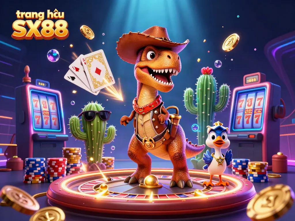 Experience thrilling gameplay on trang chủ SX88 with a vibrant 3D scene featuring casino-themed characters and elements.