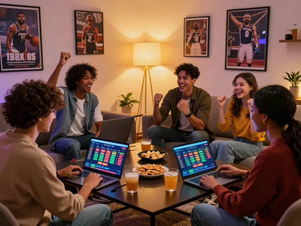 Exciting online gambling night featuring friends using TX88 platform in a modern setting