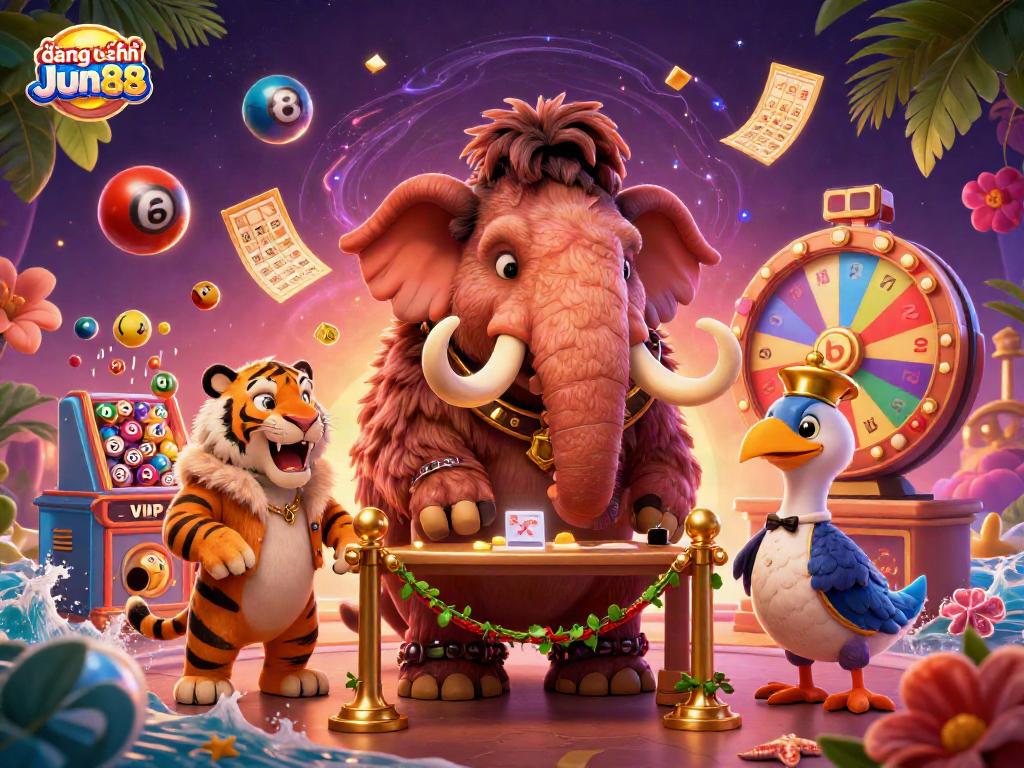 Experience the vibrant gaming scene at đăng ký Jun88 with a mammoth bouncer, VIP saber-tooth guest, and colorful lottery elements.