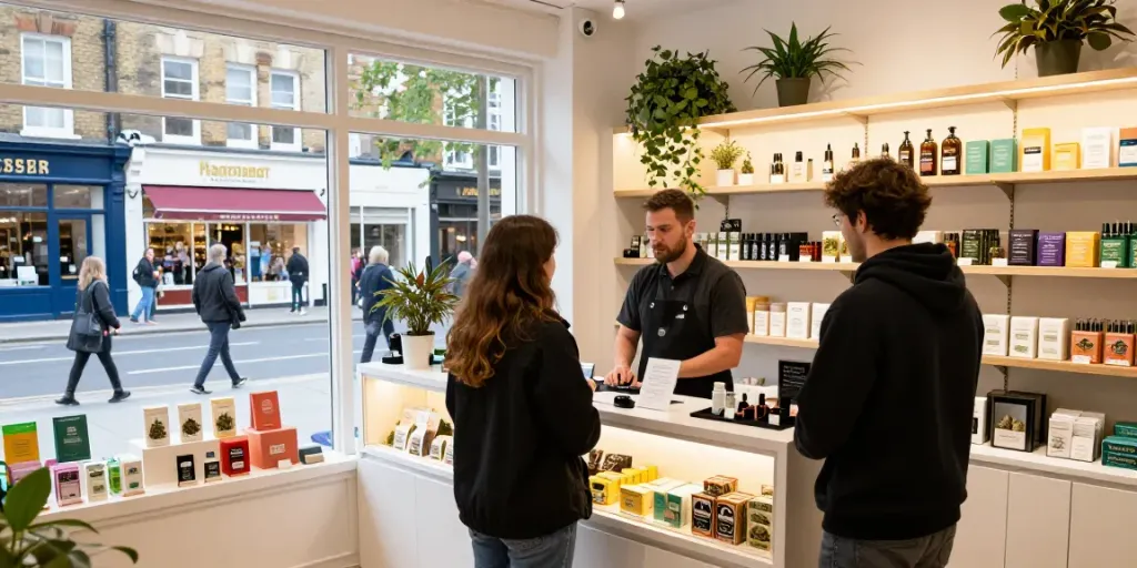 Cannabis shop in London showcasing vibrant cannabis products.