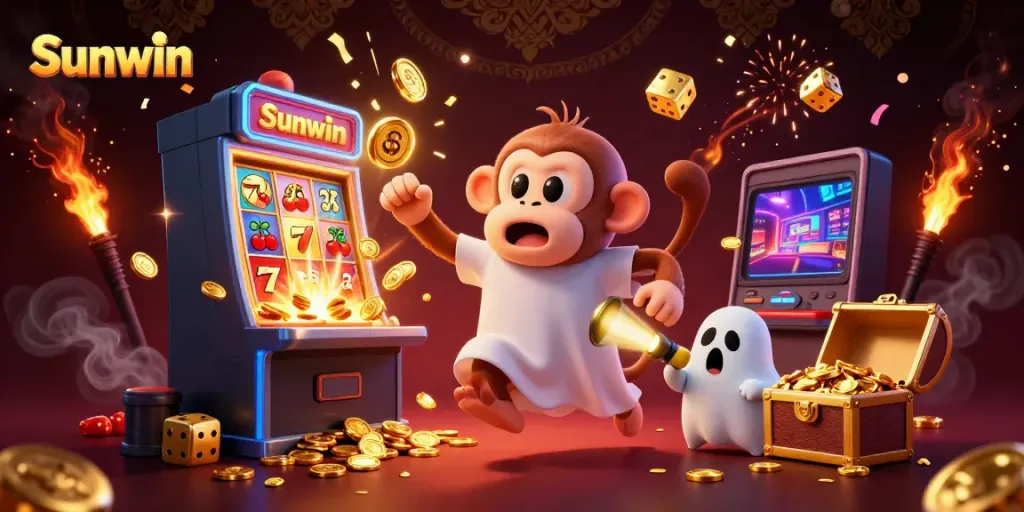 Experience the thrill of Sunwin with a lively casino scene featuring a mischievous monkey and a ghost-hunter puppy.