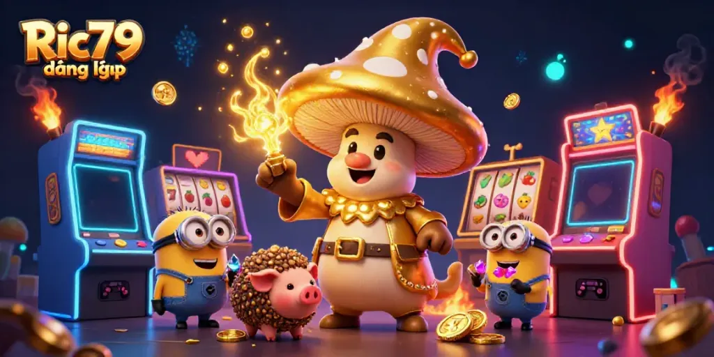 Experience thrilling entertainment with Ric79 đăng nhập as a magical golden mushroom wizard leads a treasure hunt in a vibrant casino scene.