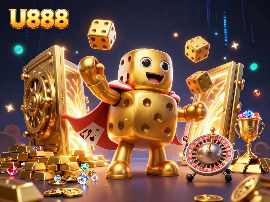 Experience exhilarating gameplay with U888 as dice golem and friends celebrate winning moments.