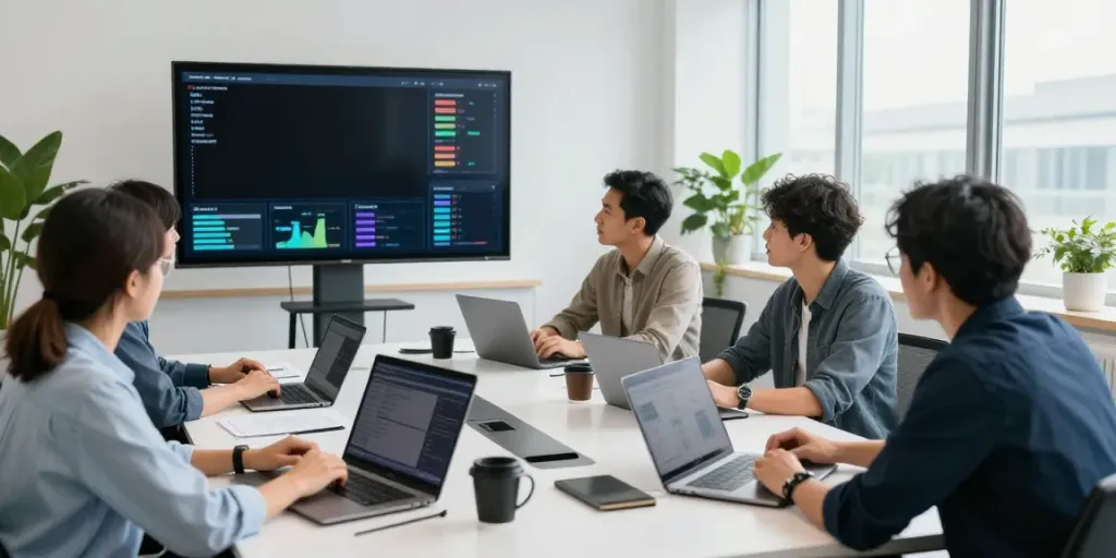 Team collaborating on instant indexing strategies in a modern office.