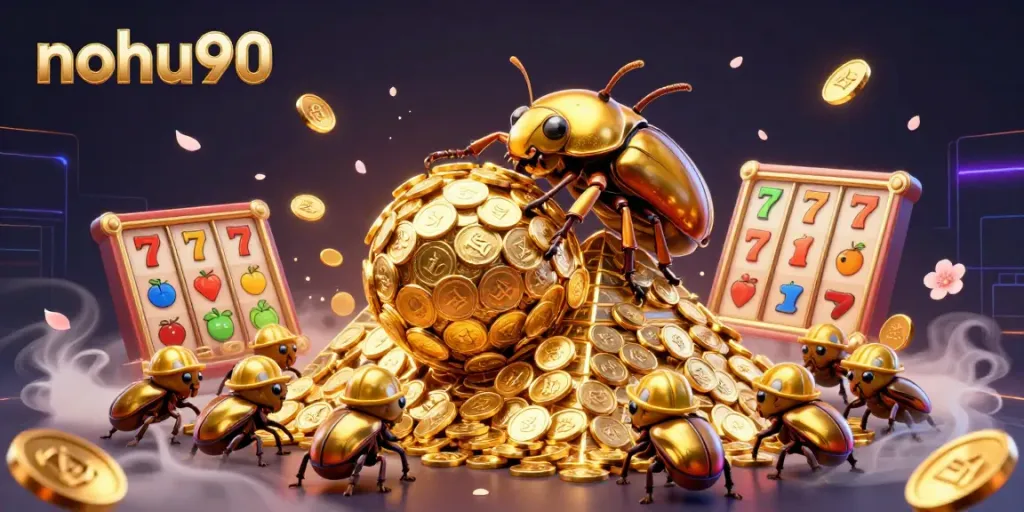 Engage with nohu90's vibrant gold-themed online casino scene featuring a dynamic dung beetle and colorful slot elements.