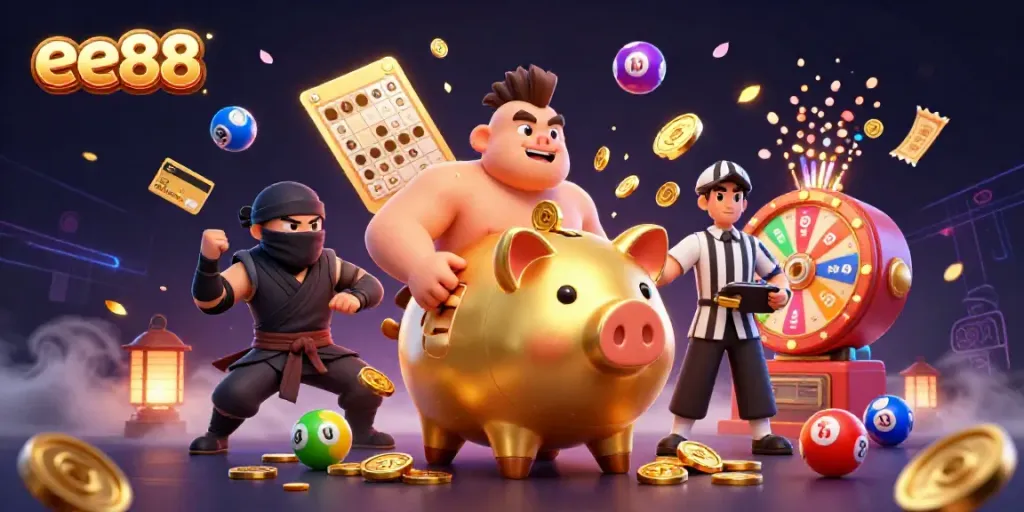 Engaging illustration of a golden piggy bank sumo wrestler in a vibrant casino scene for ee88.