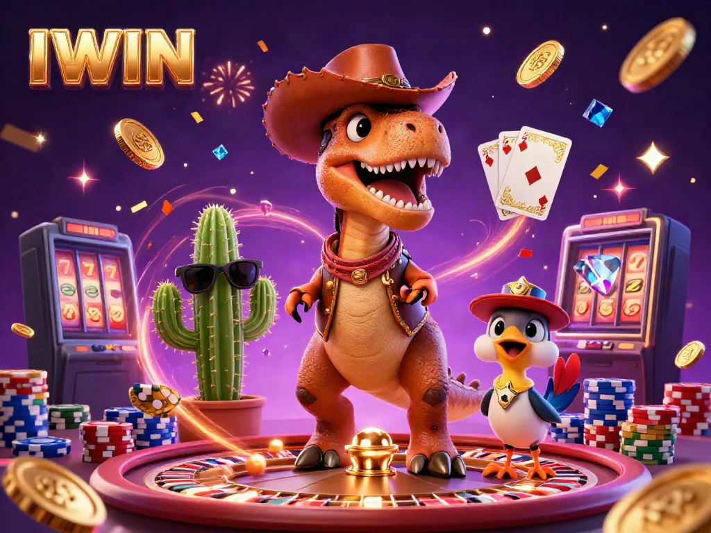 IWIN showcases a vibrant 3D casino scene with a T-Rex and friends amidst cascading coins and a spinning roulette wheel.