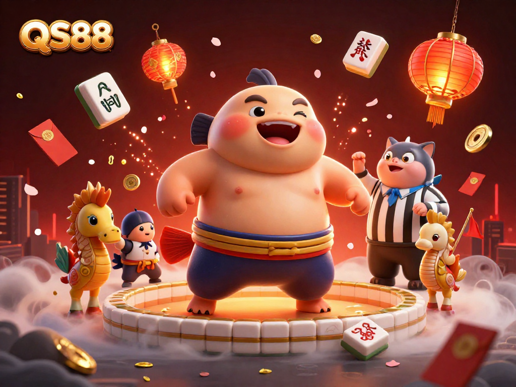 Bet at QS88 with an exciting underwater casino scene featuring a sumo blowfish, referee, and festive elements.