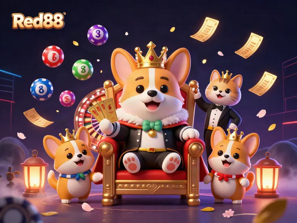 Catch exciting moments with Red88 featuring a royal corgi surrounded by vibrant gambling elements.