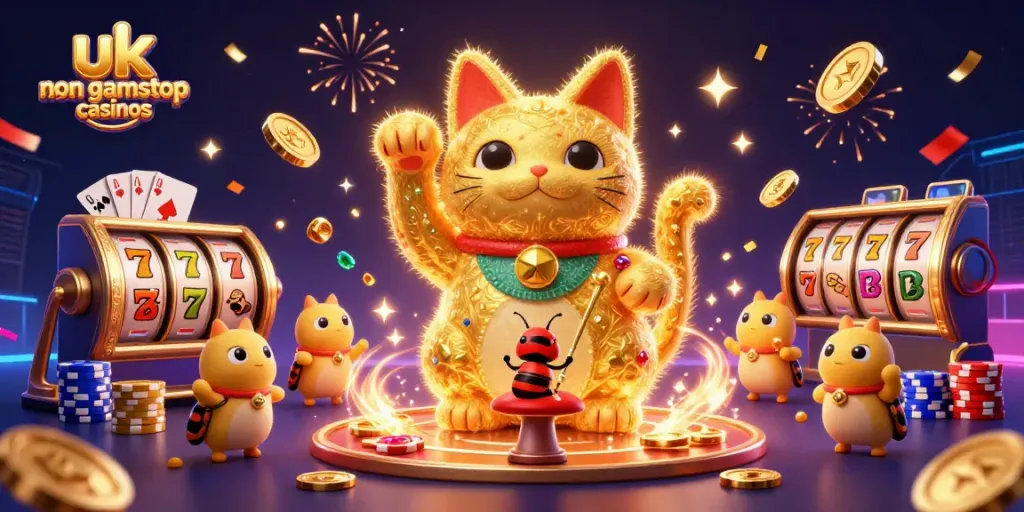 Engage with top uk non gamstop casinos in a vibrant 3D illustration showcasing iconic elements like lucky cats and slot machines.