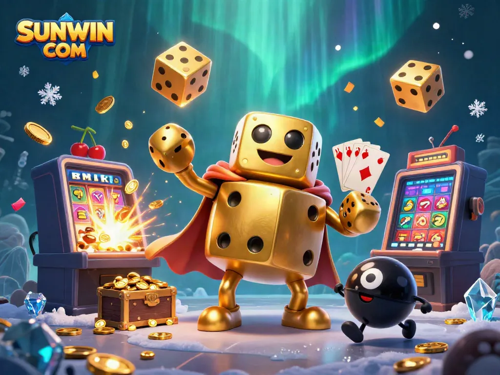 Experience thrilling wins with SUNWIN COM as the golden dice golem juggles luck in an exciting 3D casino landscape.