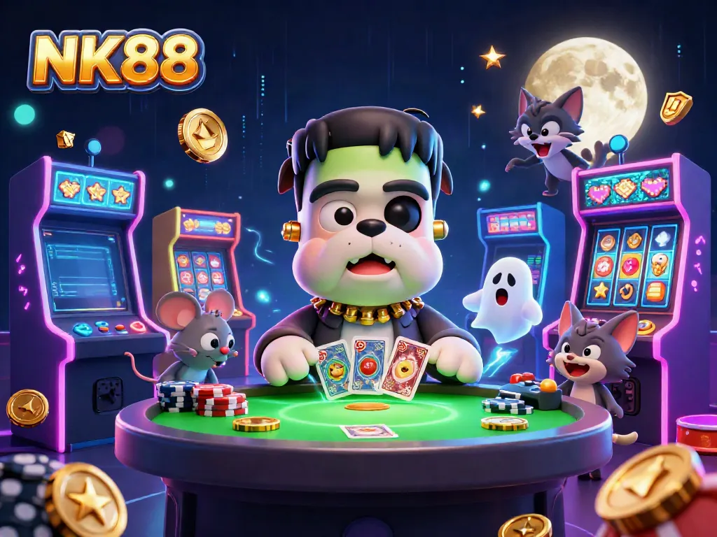 NK88-themed 3D digital illustration featuring a cartoon bulldog dealer and playful gaming elements.