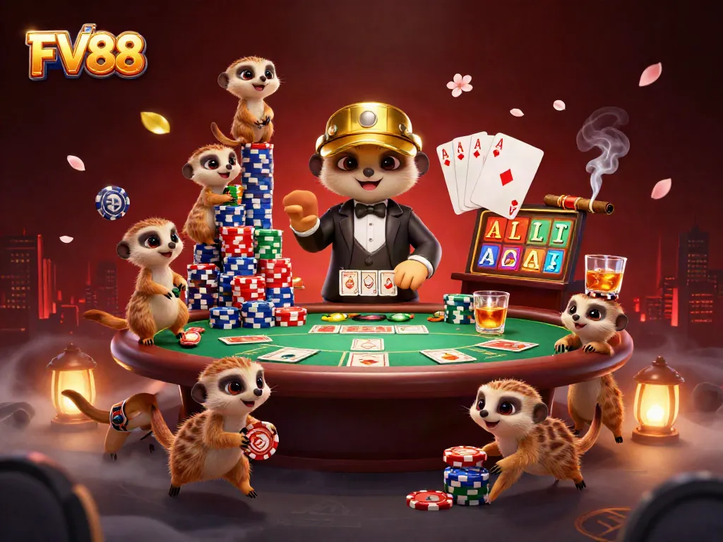Experience FV88 with meerkats engaging in high-stakes card games and dynamic casino action