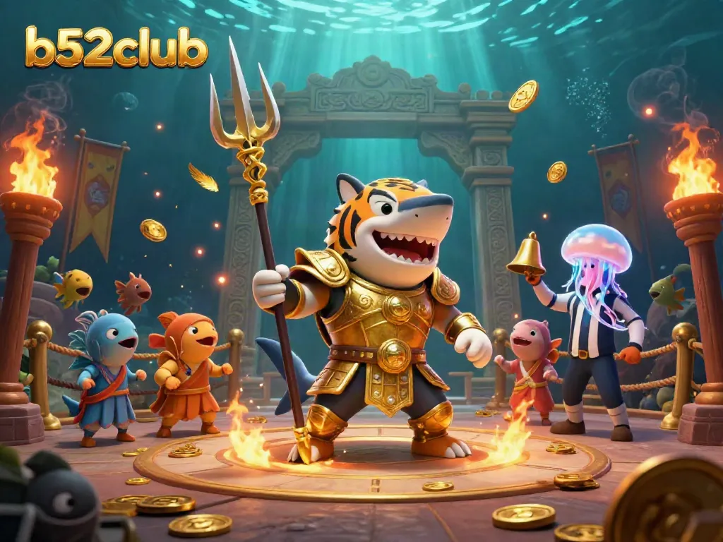Experience high-stakes action in b52club's underwater arena with a gladiator shark and vibrant fish crowd.