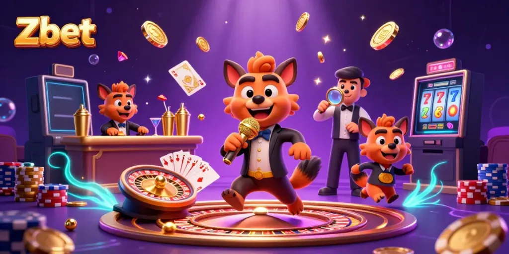 Witness Zbet’s vibrant casino scene with hyena characters entertaining amidst gold coins and game elements.