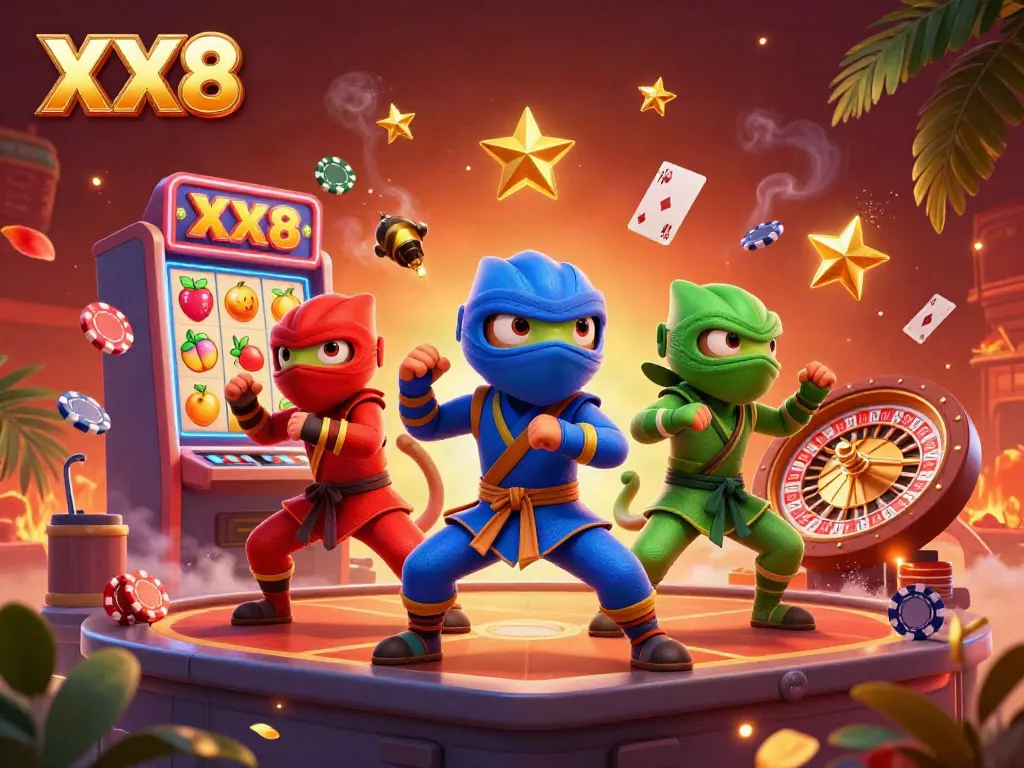 Experience thrilling synchronized action with ninja chameleons in a vibrant casino scene featuring XX8 elements.