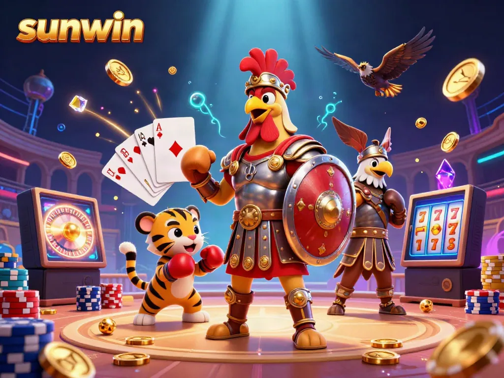 Play engaging casino games at sunwin, featuring a vibrant 3D illustration with a rooster warrior and a tiger cub.