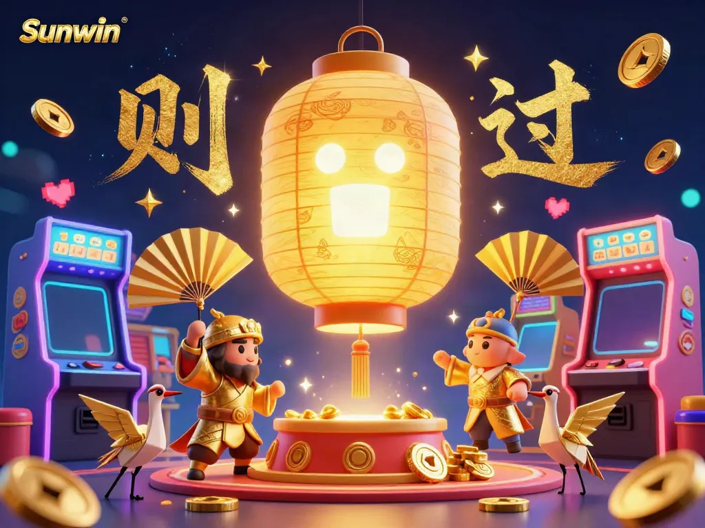 Experience thrilling gameplay with Sunwin in this vibrant 3D casino scene featuring golden lantern spirits and game icons.