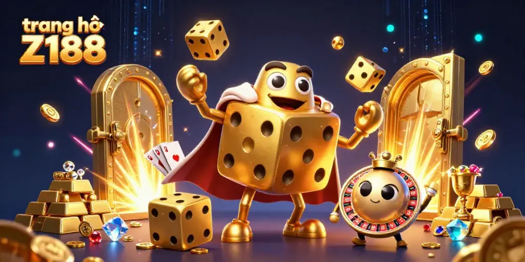 Engage with the vibrant world of gambling at trang chủ Z188 showcasing golden dice and treasure