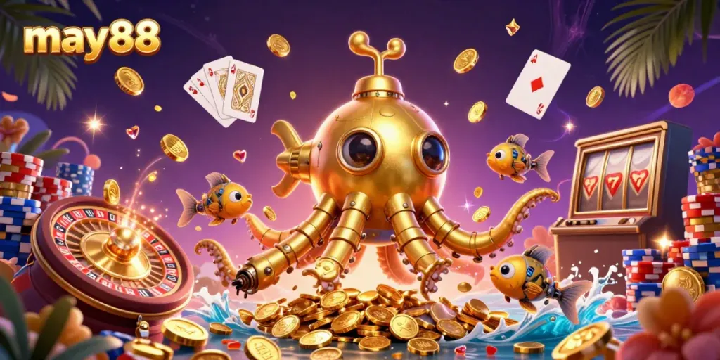 Engage with may88 through an immersive 3D visual of a golden kraken submarine, vivid casino elements & dynamic energy.