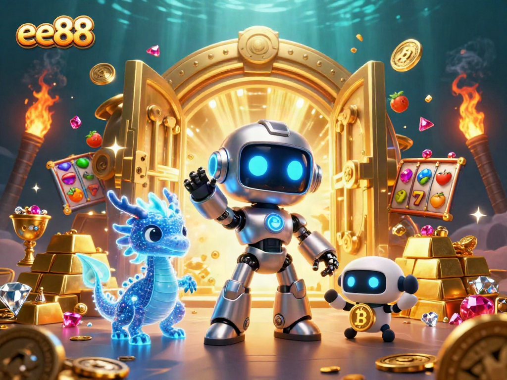Play exciting casino games at ee88 with engaging robots, vibrant slot reels, and dazzling treasures.