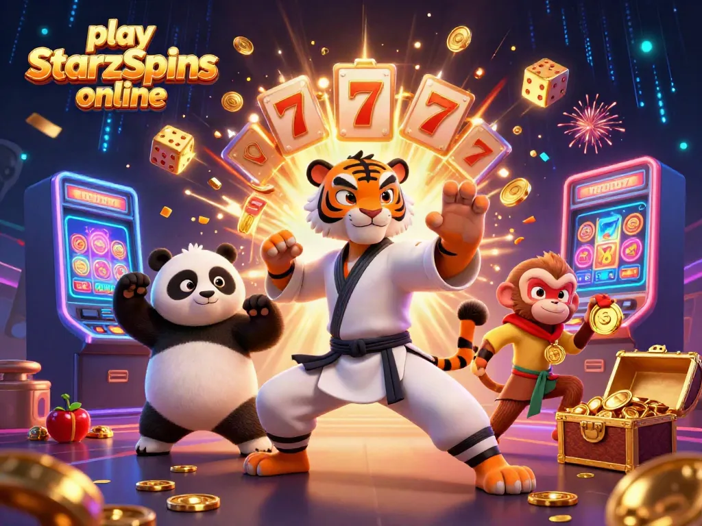 Play StarzSpins online with an animated 3D scene featuring fun casino characters and vibrant game elements.