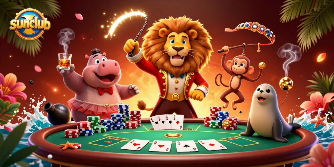 Experience thrilling casino action at sumclub with a vibrant illustration of characters and poker elements.