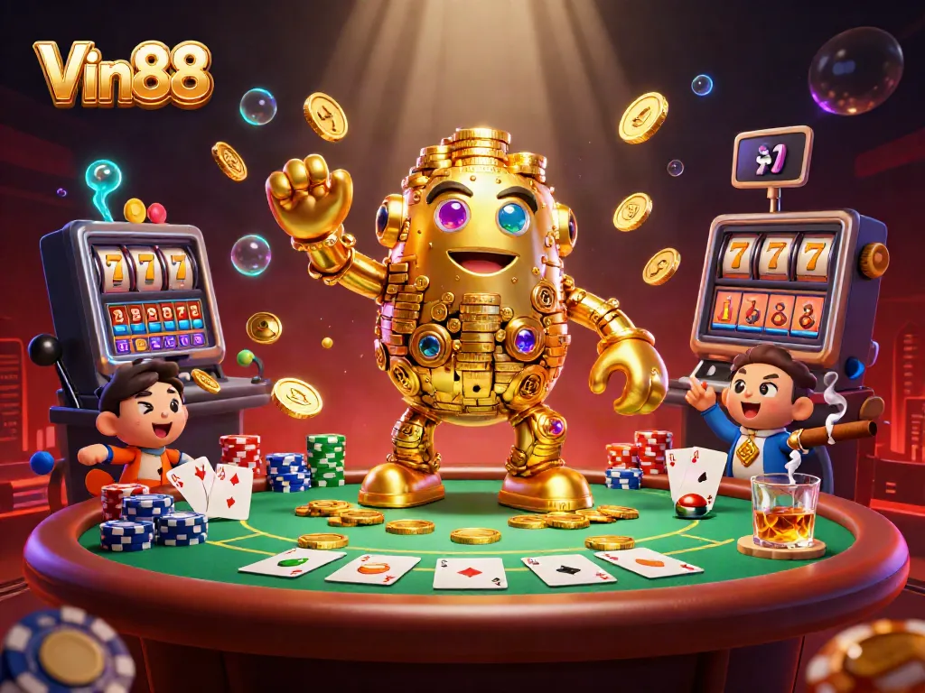 Experience luck with Vin88 as the golden golem spins jackpot slots and poker at a vibrant casino.