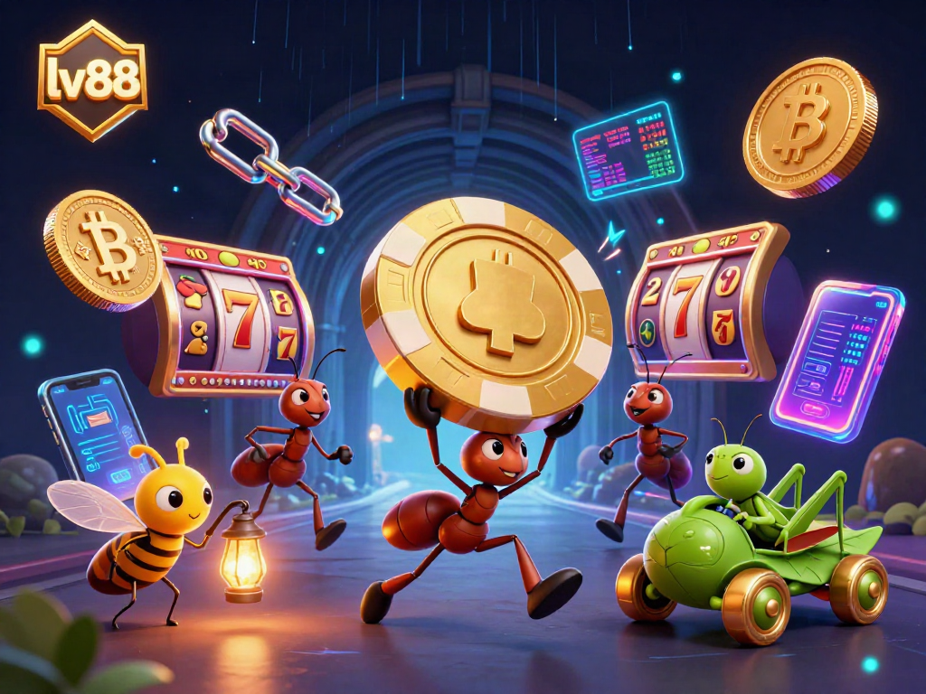 lv88 ants orchestrating a heist with a giant poker chip while glowing crypto coins surround them.